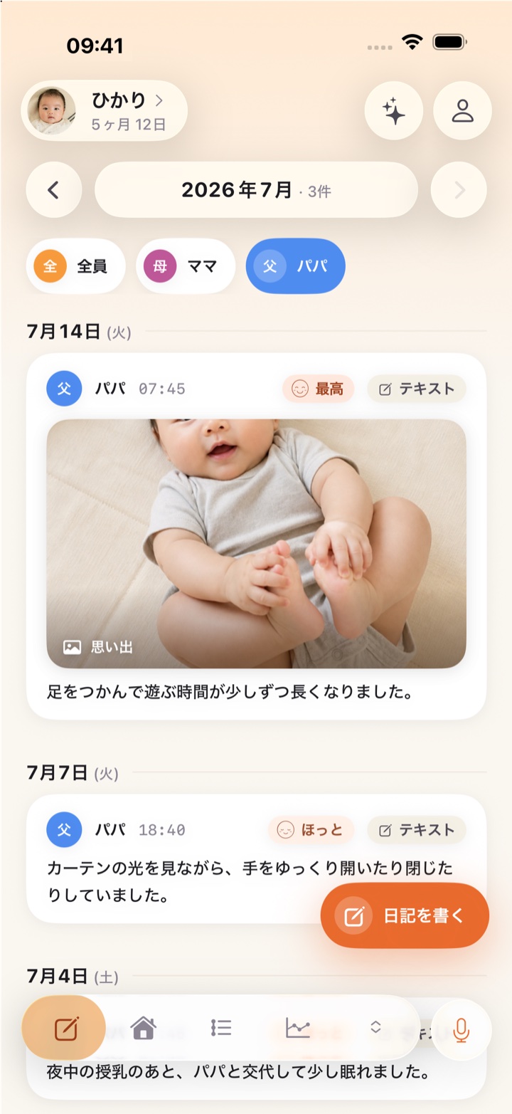 日記の月表示。家族が書いた写真つきの日記が並ぶ